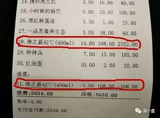 家味道餐厅结账单显示，当日490毫升的海之蓝白酒消费了13瓶